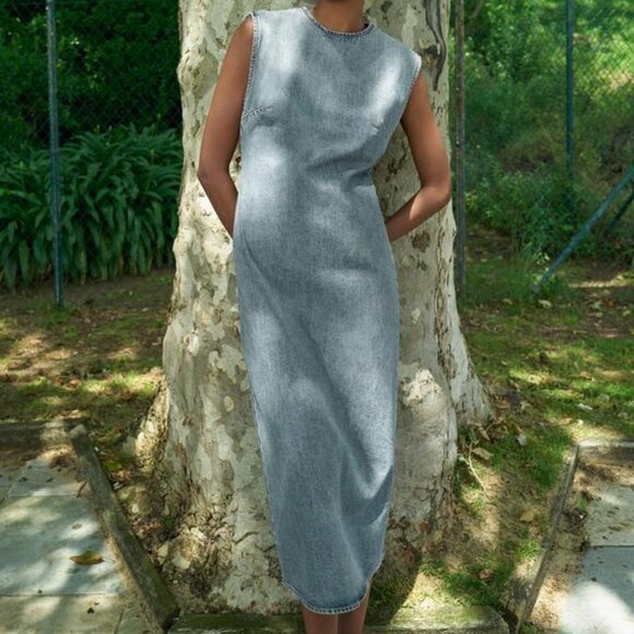 NWOT  LIGHT BLUE TRF DENIM 100% COTTON MIDI MINIMALIST DRESS - Picture 3 of 9